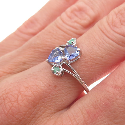 Chuck Clemency 925 Sterling Silver Real Tanzanite & Emerald Heart Ring Size 7.25