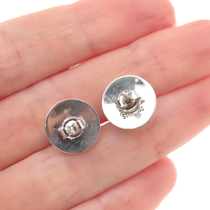 925 Sterling Silver Vintage Real Malachite Modernist Disc Stud Earrings