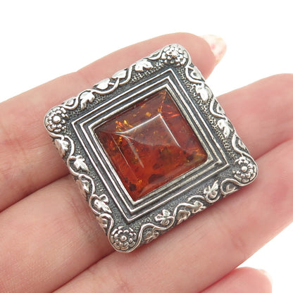 N. GAITARA 925 Sterling Silver Vintage Amber Floral Frame Pin Brooch