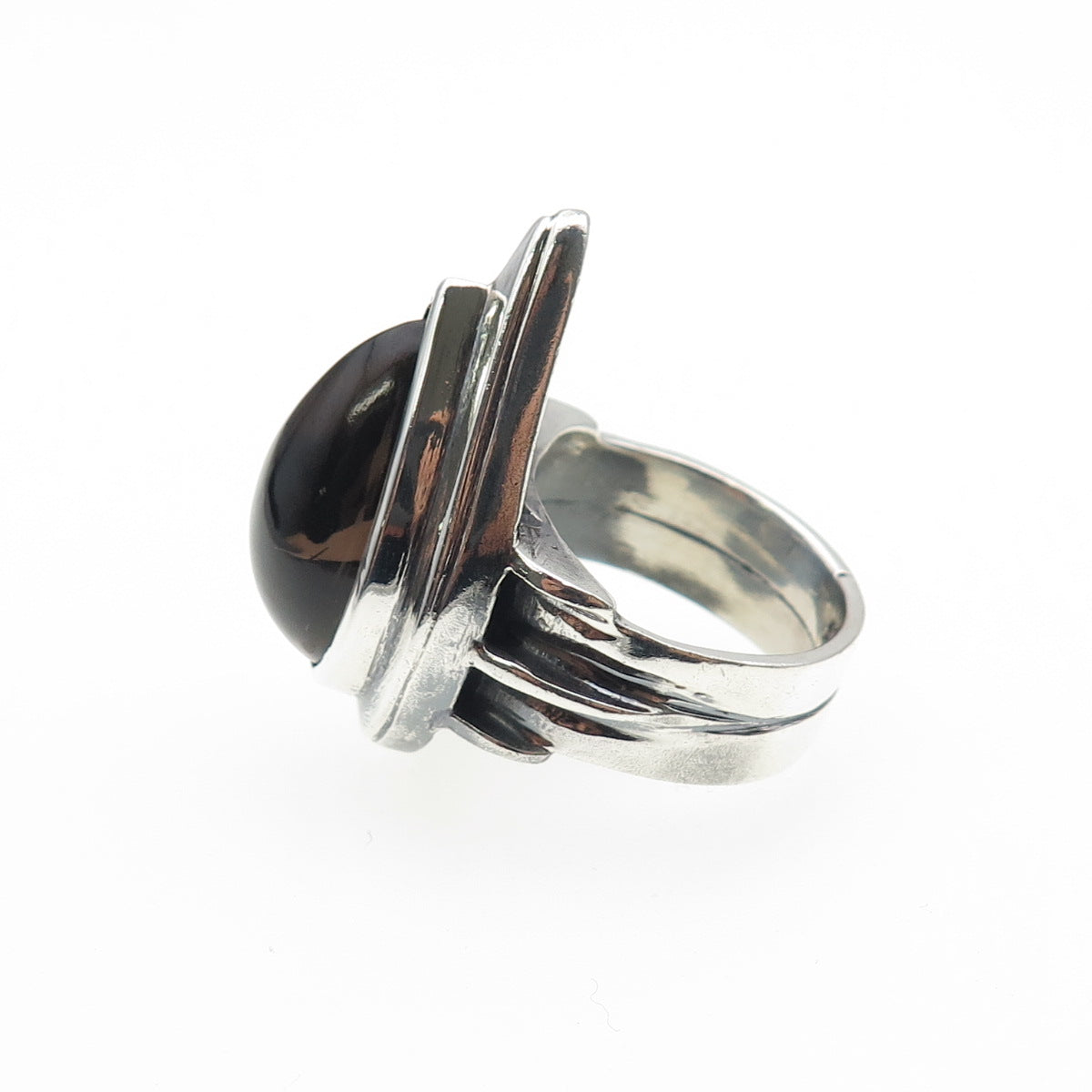 925 Sterling Silver Vintage Real Smoky Quartz Modernist Oxidized Ring Size 7.25