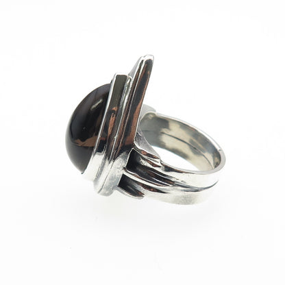 925 Sterling Silver Vintage Real Smoky Quartz Modernist Oxidized Ring Size 7.25