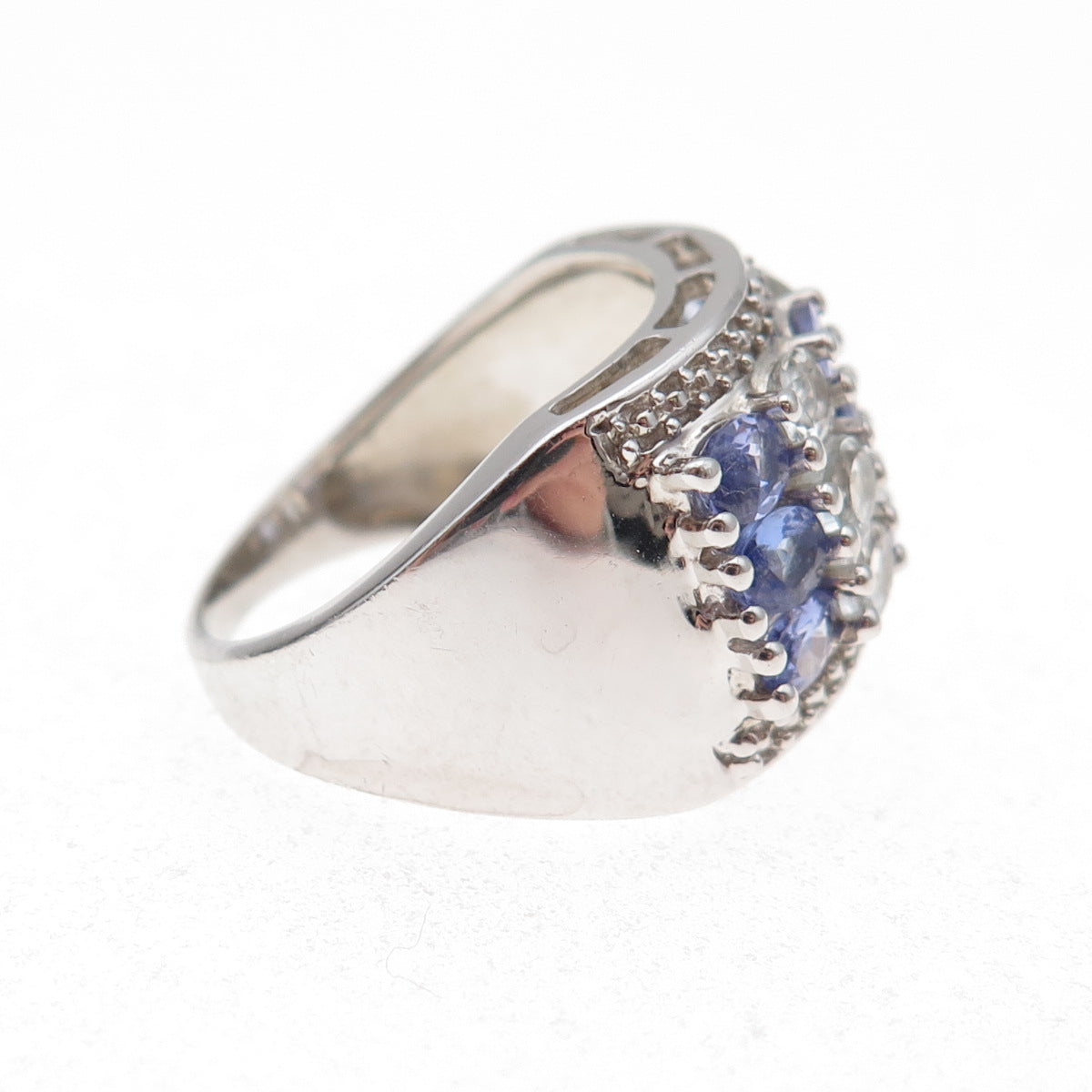 925 Sterling Silver Real Oval-Cut Tanzanite & White Topaz Cluster Ring Size 8