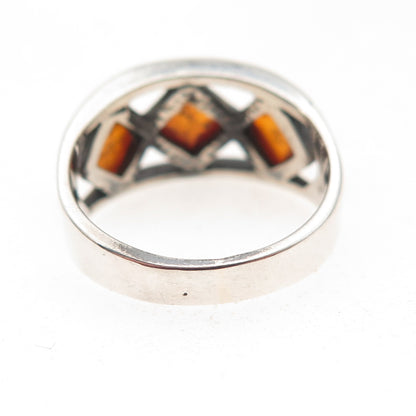 925 Sterling Silver Vintage Poland Real Amber Oxidized Ring Size 7.5