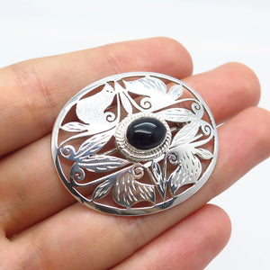 925 Sterling Silver Vintage Real Black Onyx Gemstone Ornate Leaf Pin Brooch