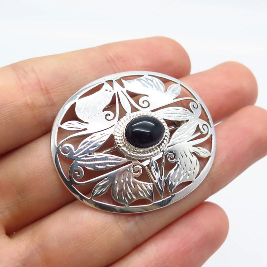925 Sterling Silver Vintage Real Black Onyx Gemstone Ornate Leaf Pin Brooch