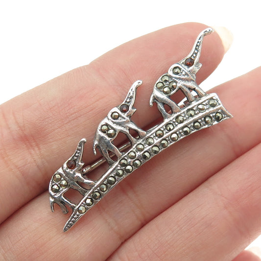 925 Sterling Silver Vintage Real Red Garnet & Marcasite Elephant Pin Brooch