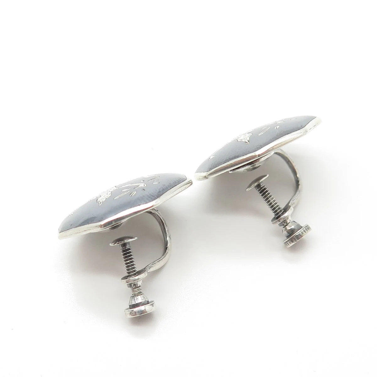 925 Sterling Silver Vintage Siam Niello Hindu Goddess Screw Back Earrings