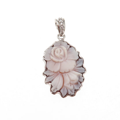925 Sterling Silver Vintage Italy Real MOP & C Z Floral Cameo Charm Pendant