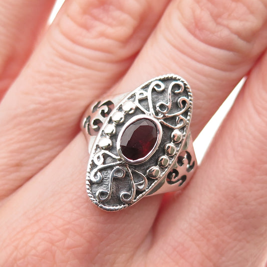 925 Sterling Silver Vintage Real Red Garnet Ornate Oxidized Ring Size 9