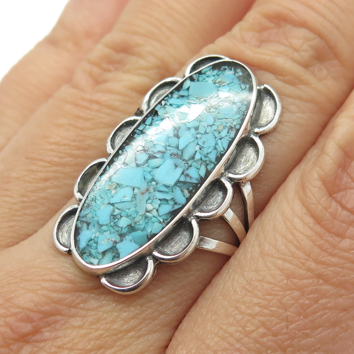 Old Pawn 925 Sterling Silver Vintage Southwestern Turquoise Inlay Ring Size 6.75