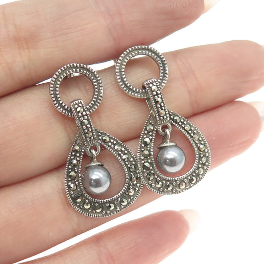 925 Sterling Silver Vintage Real Marcasite Gem & Faux Gray Pearl Dangle Earrings