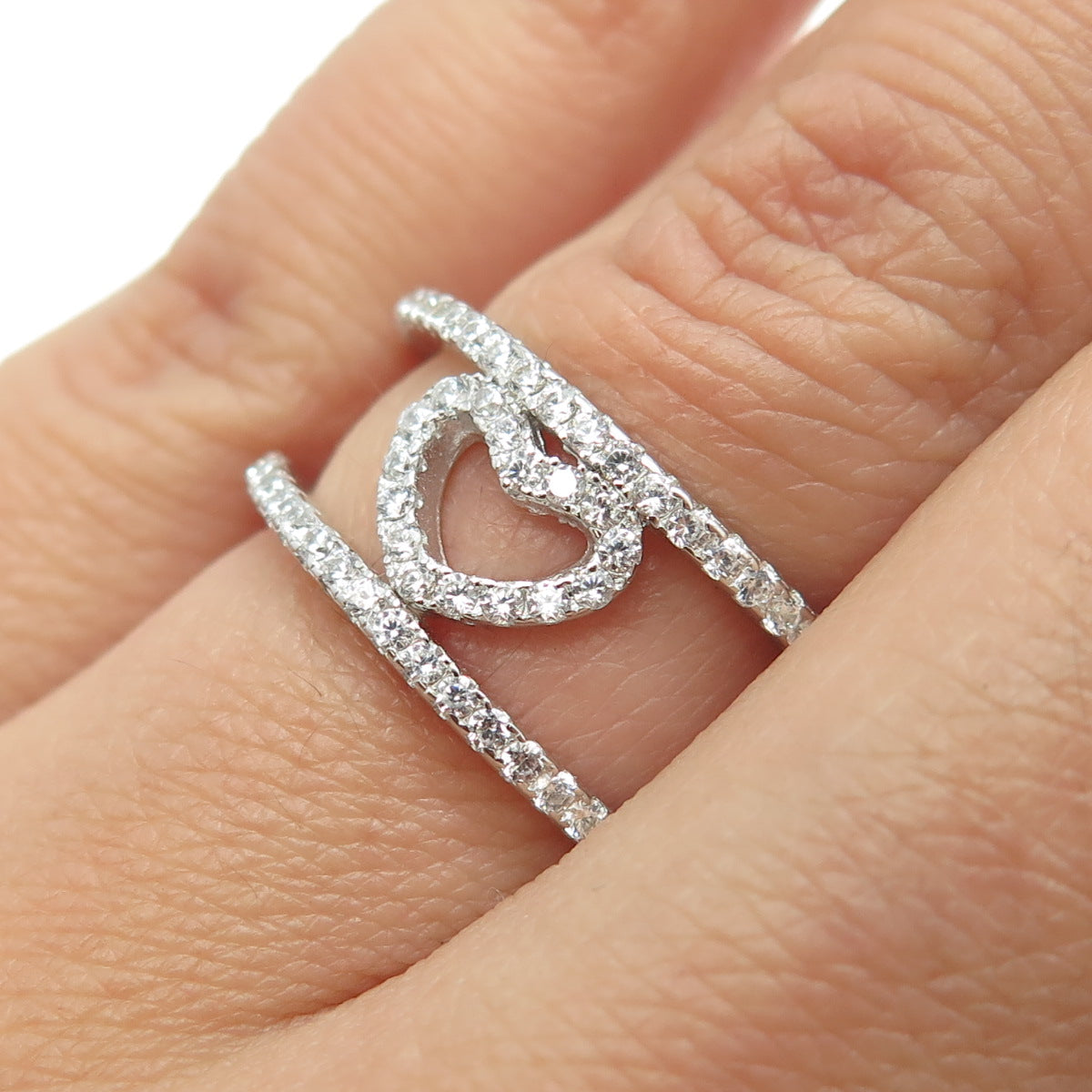 925 Sterling Silver Pave C Z Open Heart Ring Size 6