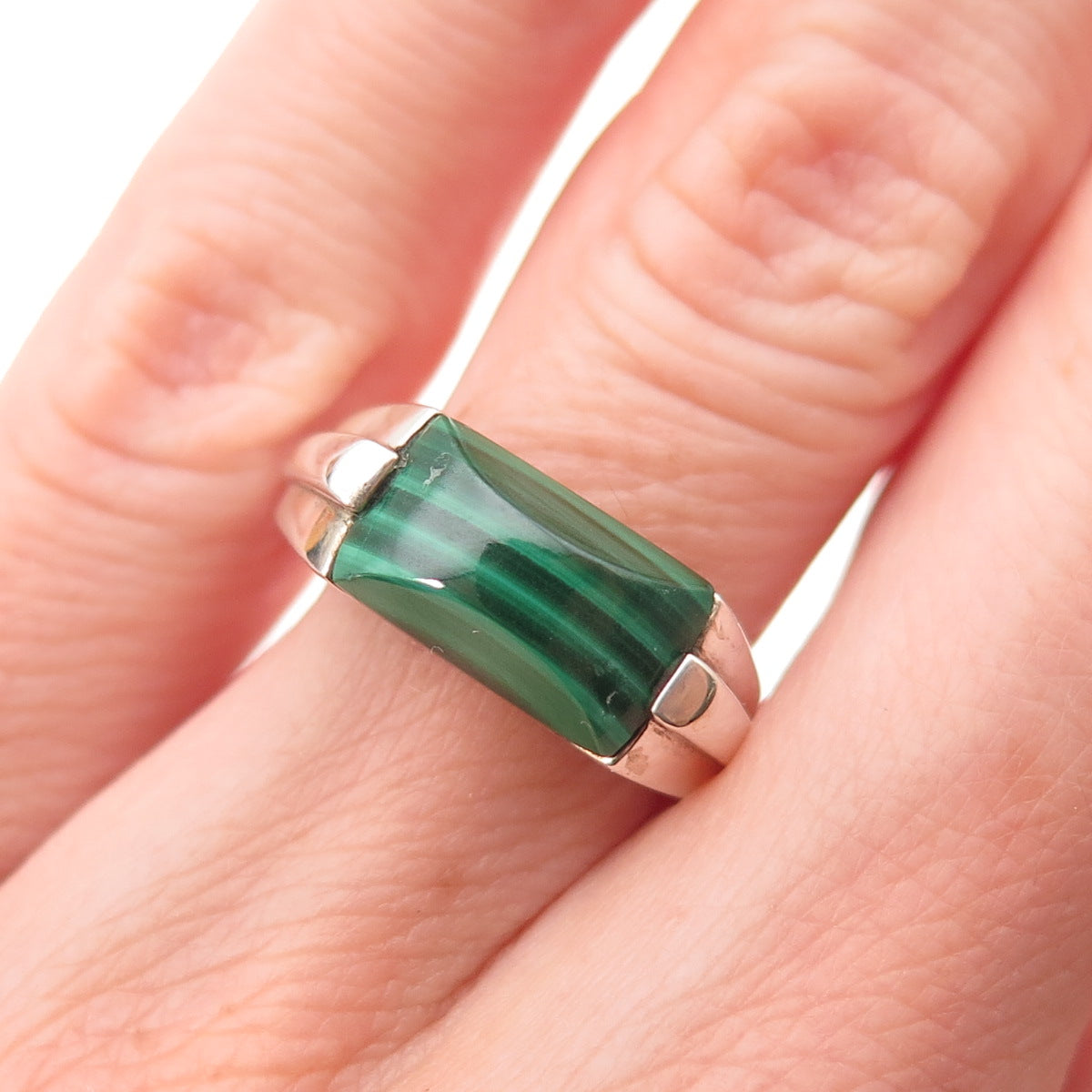 Michelle Albala 925 Sterling Silver Vintage Real Malachite Modernist Ring Size 5