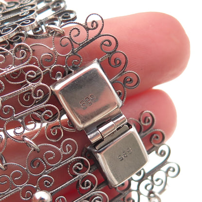 835 Silver Antique Art Deco Floral Filigree Panel Link Oxidized Bracelet 7.25"
