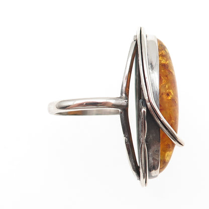 925 Sterling Silver Vintage Poland Real Amber Modernist Oxidized Ring Size 6.5