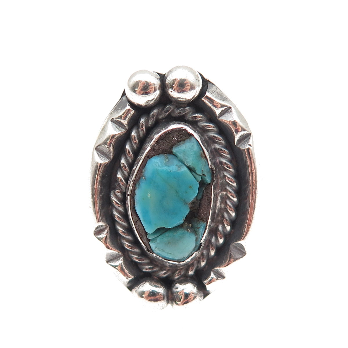 Old Pawn Sterling Silver Vintage Southwestern Turquoise Tribal Ring Size 3.75