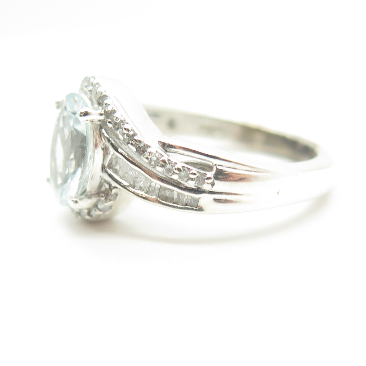 CHUCK CLEMENCY Sterling Silver Real Diamond & Aquamarine Engagement Ring Size 7