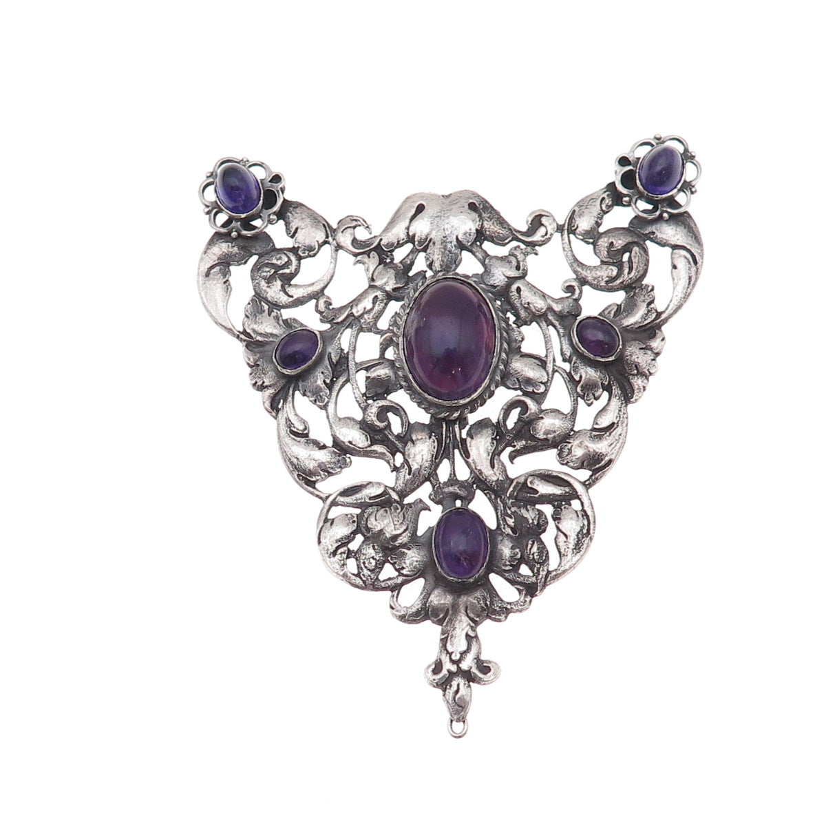 925 Sterling Silver Antique Art Deco Real Amethyst Floral Centerpiece Pendant