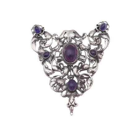 925 Sterling Silver Antique Art Deco Real Amethyst Floral Centerpiece Pendant