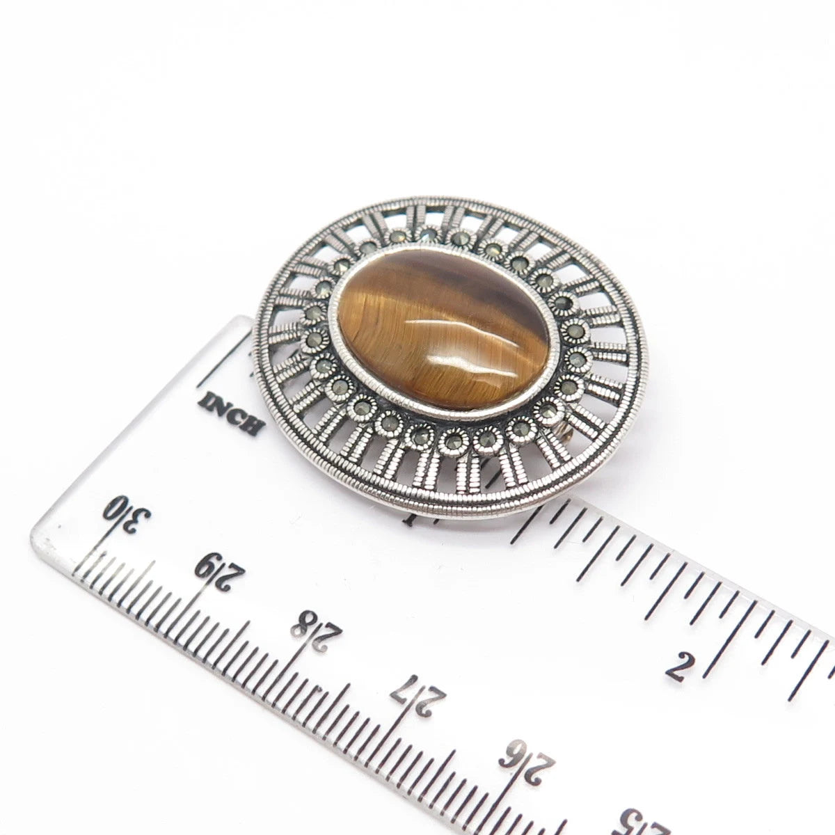 925 Sterling Silver Vintage Real Tiger Eye Gem Ornate Oval Pin Brooch