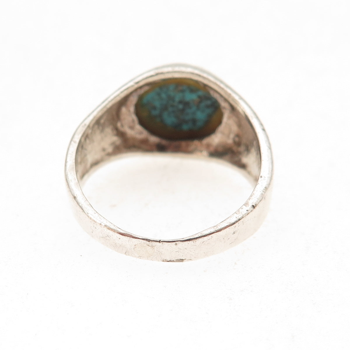 925 Sterling Silver Vintage Real Peacock Turquoise Signet Ring Size 8.25