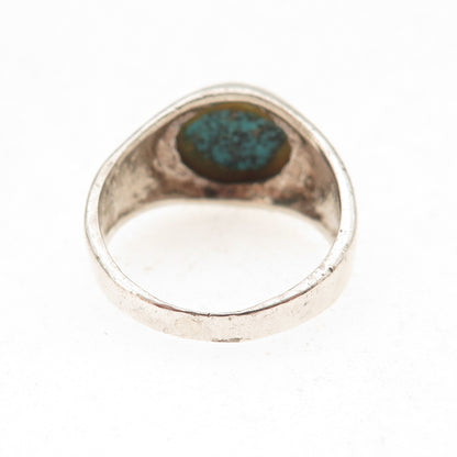925 Sterling Silver Vintage Real Peacock Turquoise Signet Ring Size 8.25