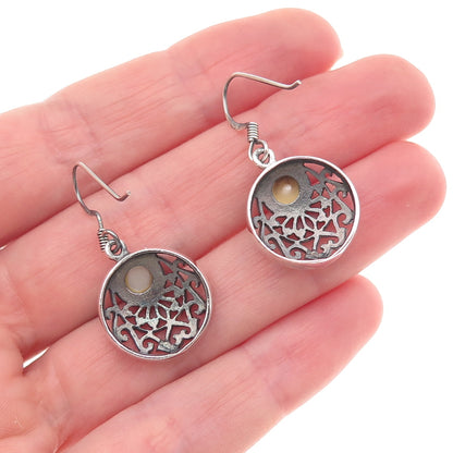 925 Sterling Silver Vintage Real MOP Floral Crescent Disc Dangle Earrings