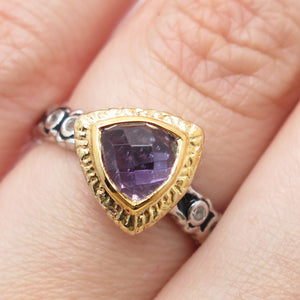925 Sterling Silver 2-Tone Real Amethyst & White Topaz Triangle Ring Size 6.25