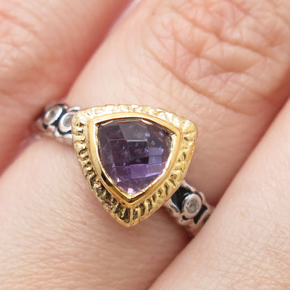 925 Sterling Silver 2-Tone Real Amethyst & White Topaz Triangle Ring Size 6.25