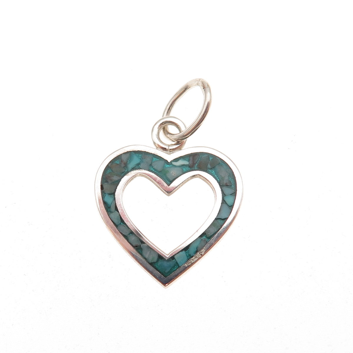 925 Sterling Silver Vintage Real Turquoise Inlay Open Heart Charm Pendant