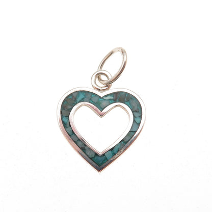 925 Sterling Silver Vintage Real Turquoise Inlay Open Heart Charm Pendant
