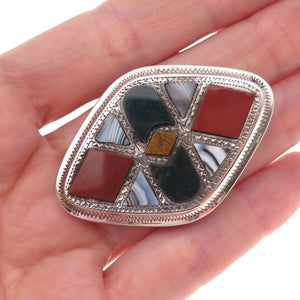 925 Sterling Silver Antique Scottish Real Bloodstone Agate Jasper Pin Brooch