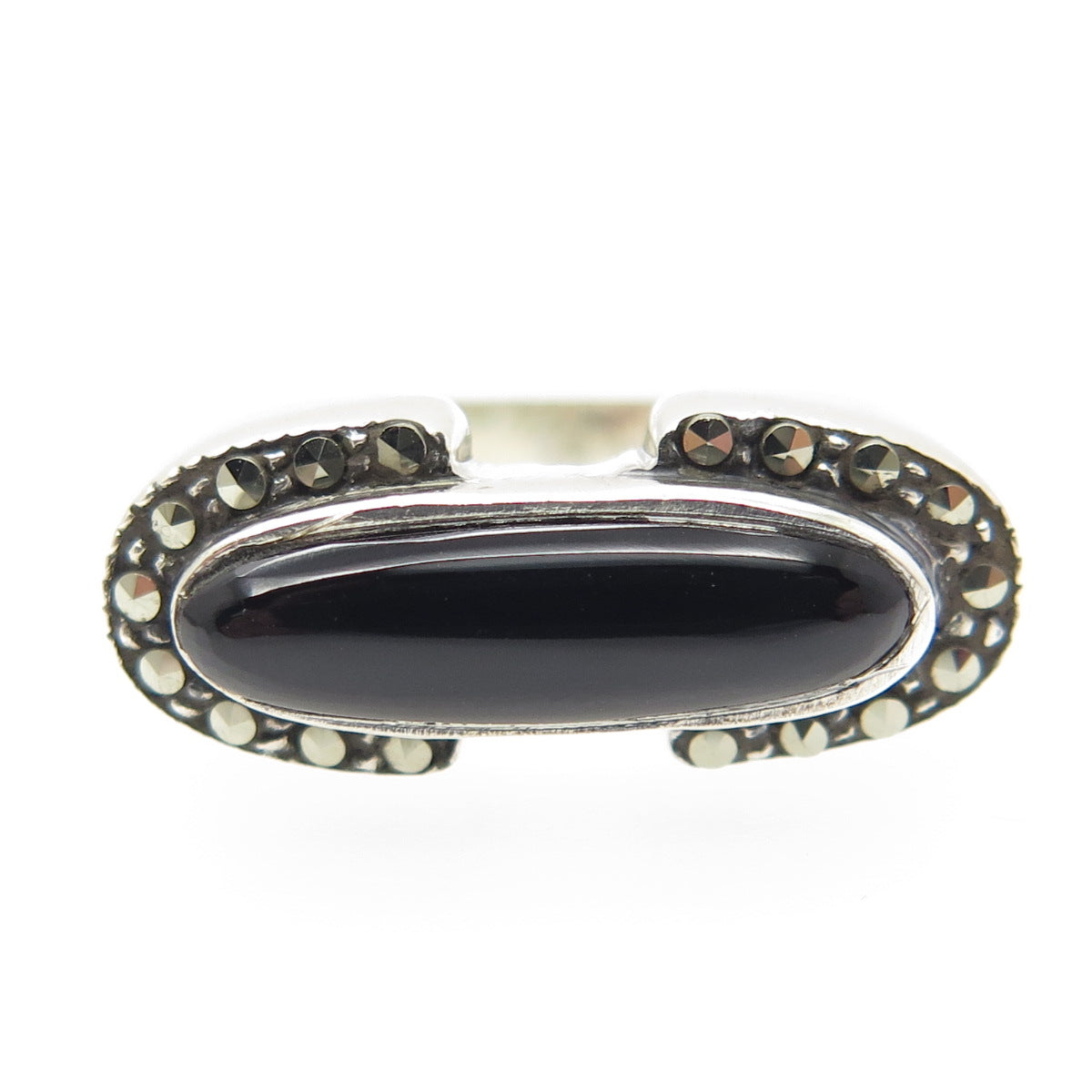 925 Sterling Silver Real Black Onyx & Marcasite Gem Art-Deco-Style Ring Size 6