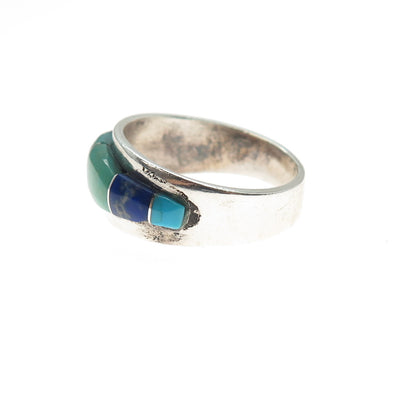 Old Pawn 925 Sterling Silver Vintage Turquoise & Lapis Tribal Ring Size 9.25