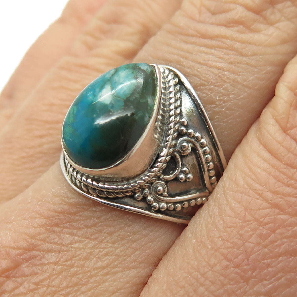 925 Sterling Silver Vintage Real Kingman Turquoise Granulated Ring Size 8.25