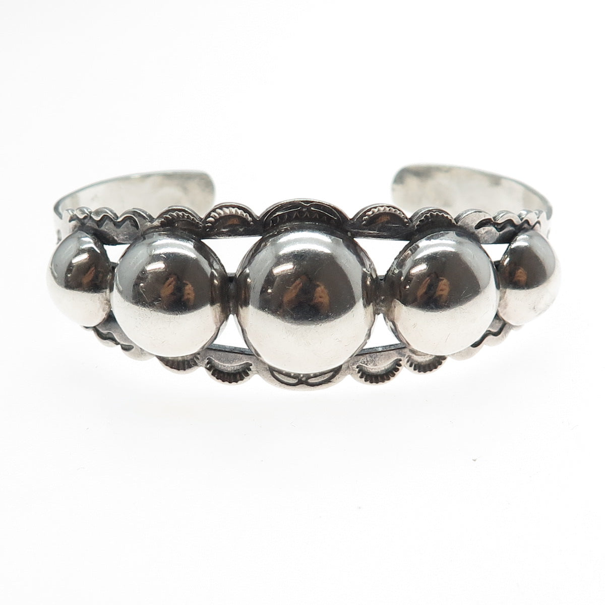 Old Pawn 925 Sterling Silver Vintage Ball Beaded Adjustable Cuff Bracelet 6.25"