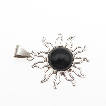 925 Sterling Silver Vintage Mexico Real Black Onyx Sun Charm Pendant