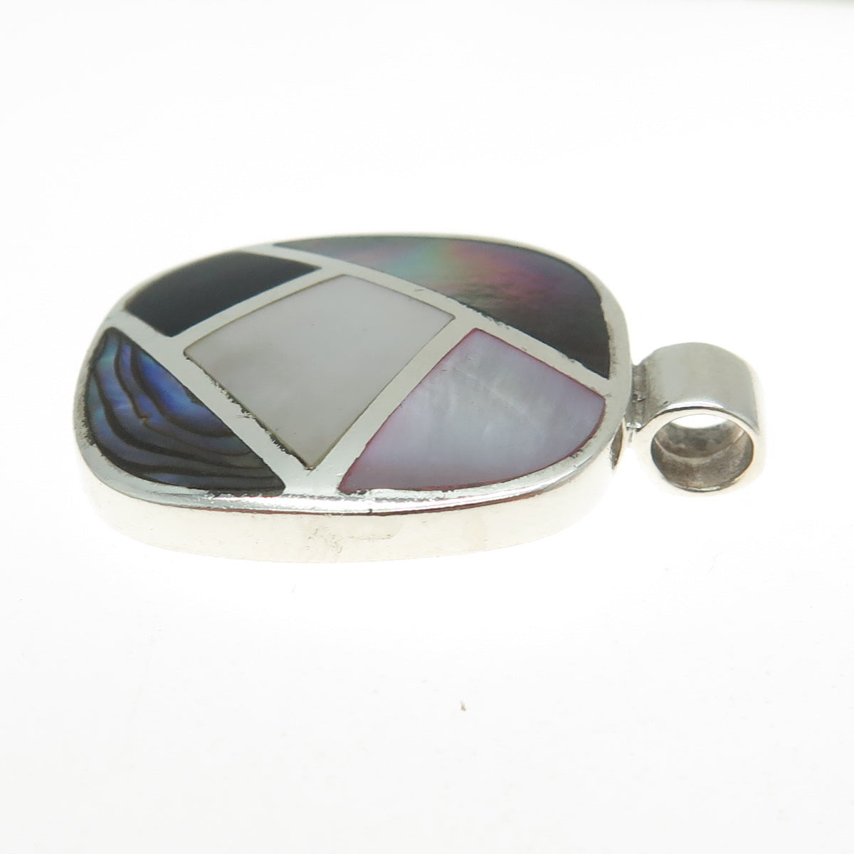 925 Sterling Silver Vintage Mother-of-Pearl Abalone Shell Black Onyx Gem Pendant