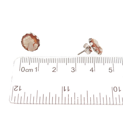 925 Sterling Silver Antique Art Deco Real MOP Carved Lady Cameo Stud Earrings