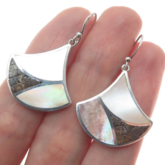 925 Sterling Silver Vintage Colorful Mother-of-Pearl & Jasper Gem Drop Earrings