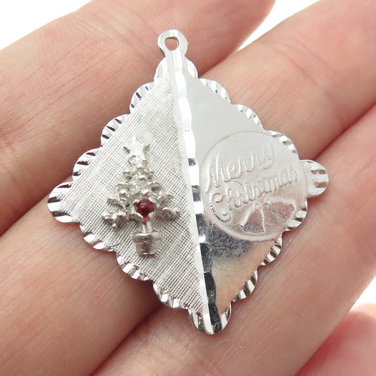 CROWN 925 Sterling Silver Vintage Red Glass "Merry Christmas" Tree Pendant