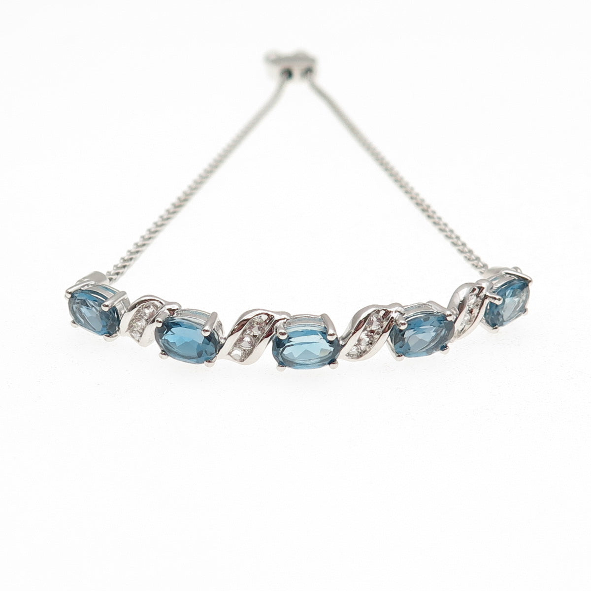 925 Sterling Real London Blue & White Topaz Adjustable Bolo Bracelet 7-9.75"