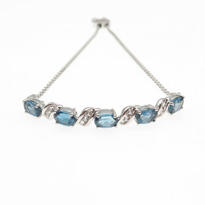 925 Sterling Real London Blue & White Topaz Adjustable Bolo Bracelet 7-9.75"