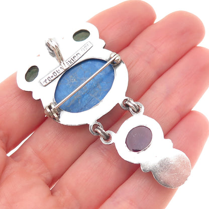 925 Sterling Silver Vintage Mexico Real Lapis Opal Amethyst & Jade Pin Pendant