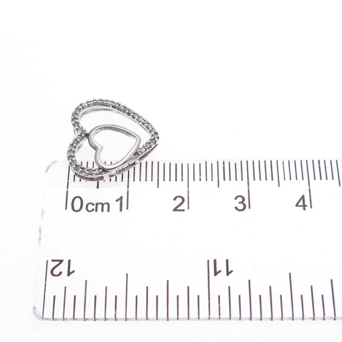 925 Sterling Silver Real Round-Cut Diamond Double Heart Mini Slide Pendant