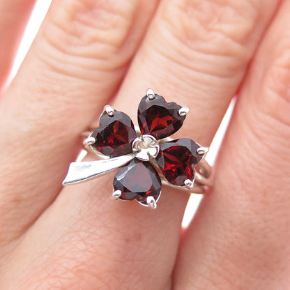 MONICA JAIN Sterling Silver Vintage Real Heart-Cut Garnet Clover Ring Size 6.25