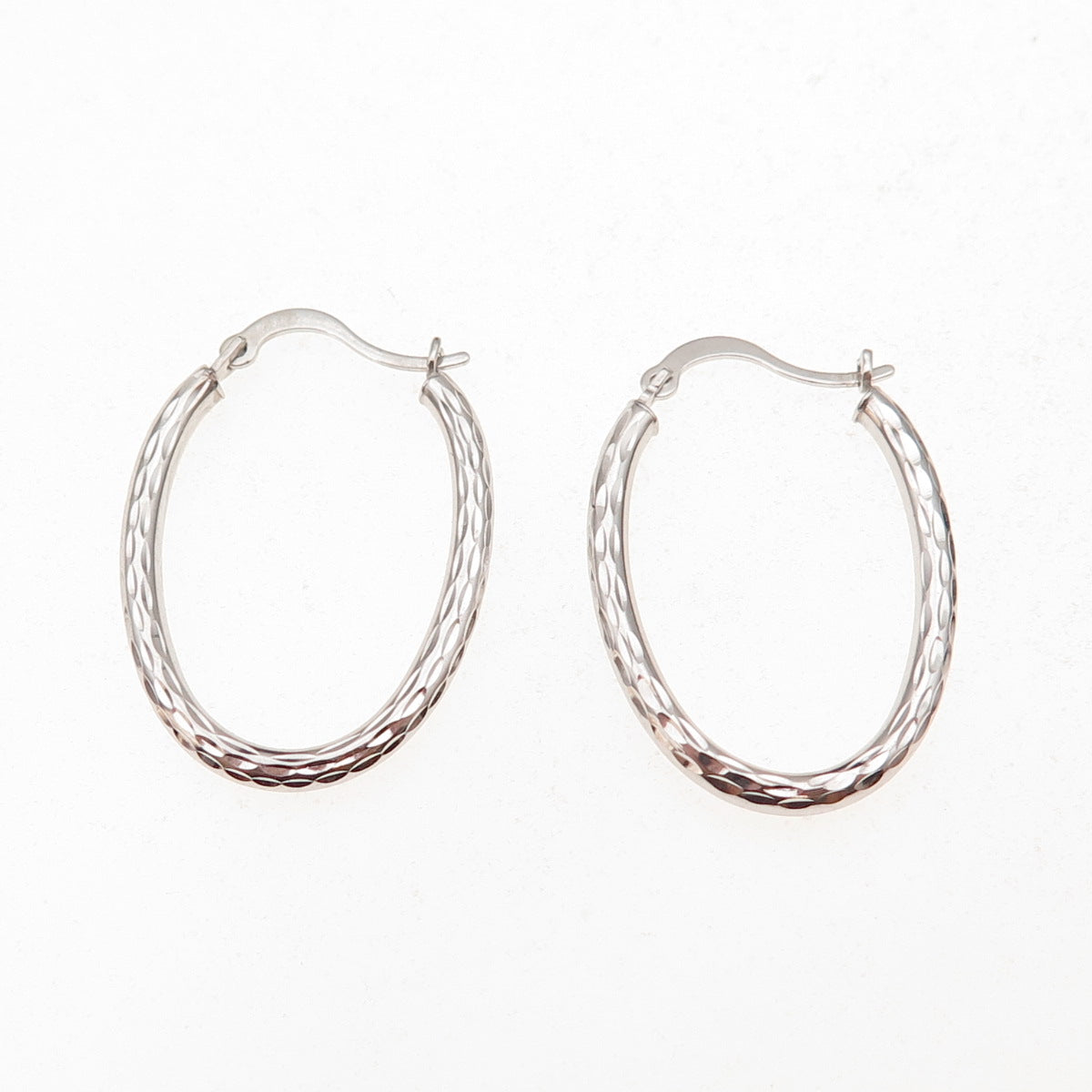 14K White Gold Vintage Israel Oval Hoop Earrings