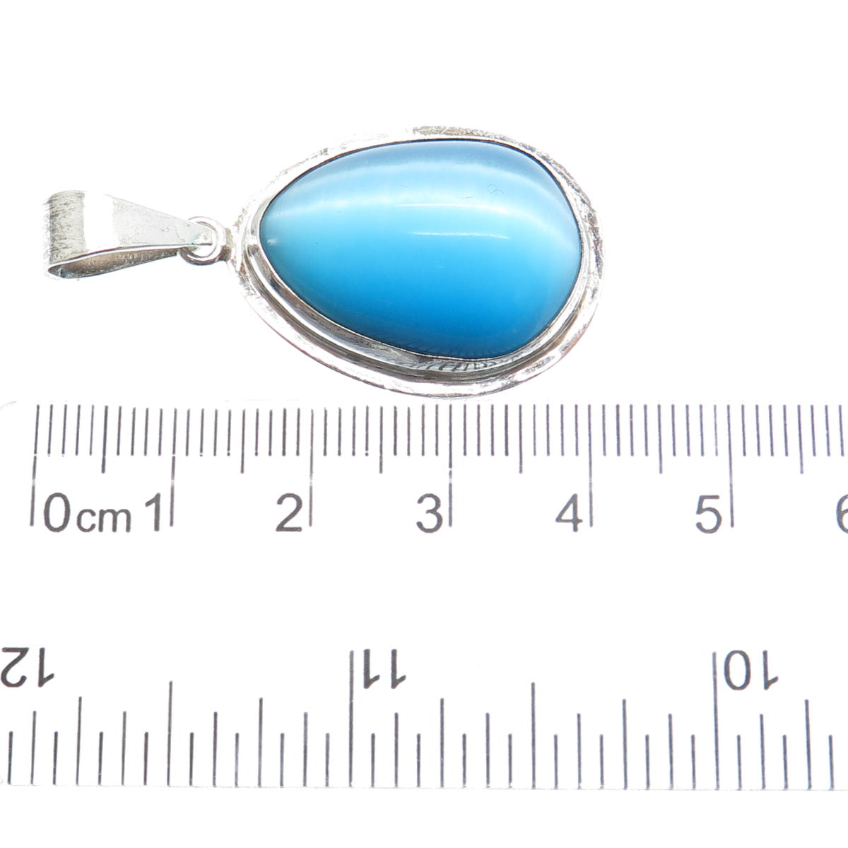 925 Sterling Silver Vintage Optic Fiber Blue Cat's Eye Teardrop Pendant
