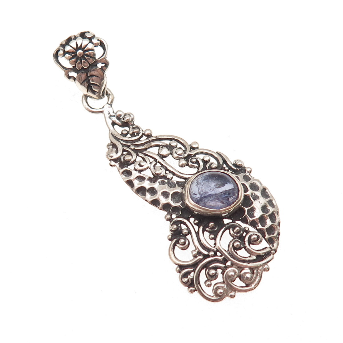 925 Sterling Silver Vintage Real Iolite Floral Oxidized Charm Pendant