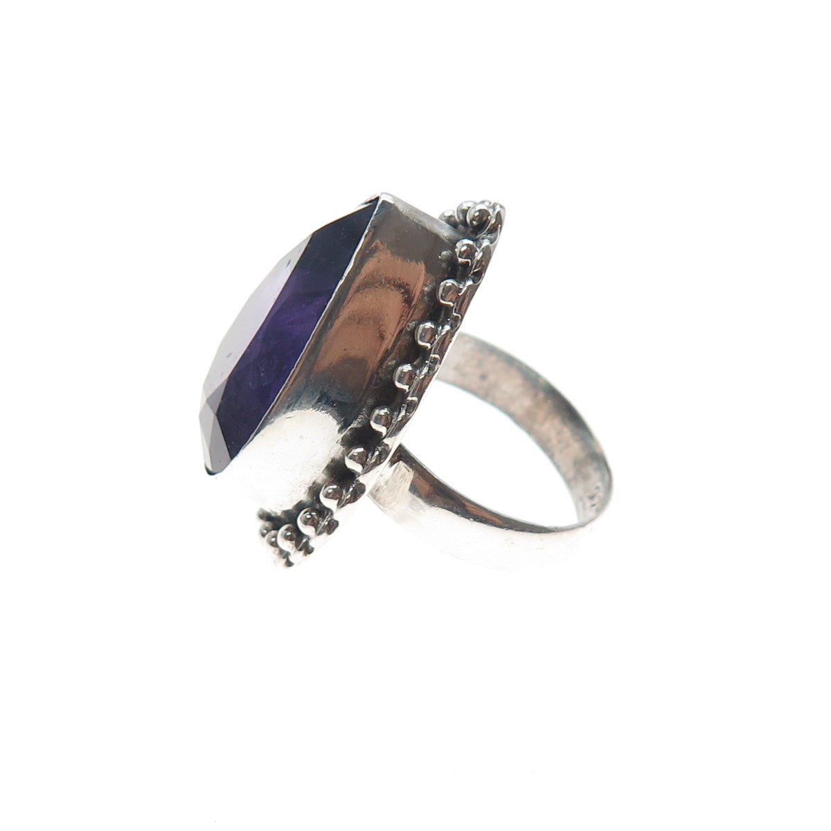 925 Sterling Silver Vintage Real Amethyst Beaded Oxidized Ring Size 5.75